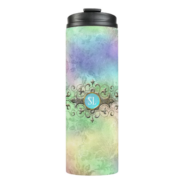 Garrafa Térmica Imagem Iridescente do Damasco Monograma Gemstone (Frente)