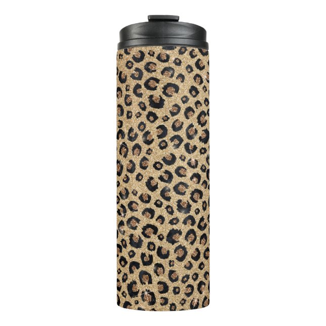 Garrafa Térmica Impressão de Leopardo Negro brilhante Dourado Eleg (Frente)