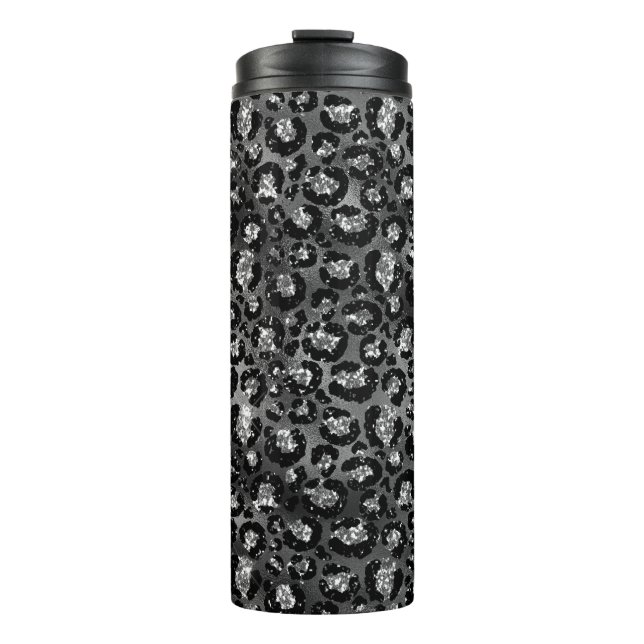 Garrafa Térmica Impressão de Leopardo Preto e Cinza Prata (Frente)