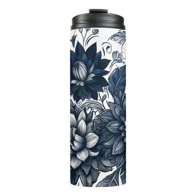 Garrafa Térmica Impressão Floral Boêmia Azul e Branco (Frente)