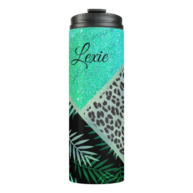 Garrafa Térmica Impressão Tropical Leopardo de Teal com Glittery (Frente)