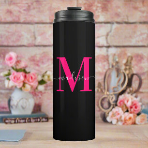 Garrafa Térmica Inicial com Monograma Preto e Rosa Vibrante Femini