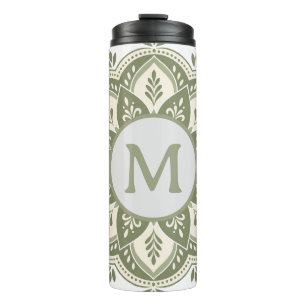 Garrafa Térmica Inicial do Monograma Boho Mandala Verde Sage