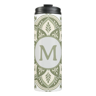 Garrafa Térmica Inicial do Monograma Boho Mandala Verde Sage