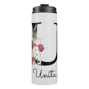 Garrafa Térmica Inicial Floral Rosa Monograma U