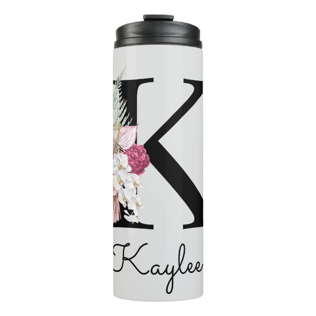 Garrafa Térmica Inicial Monogramada K Rosa Boho Floral (Frente)
