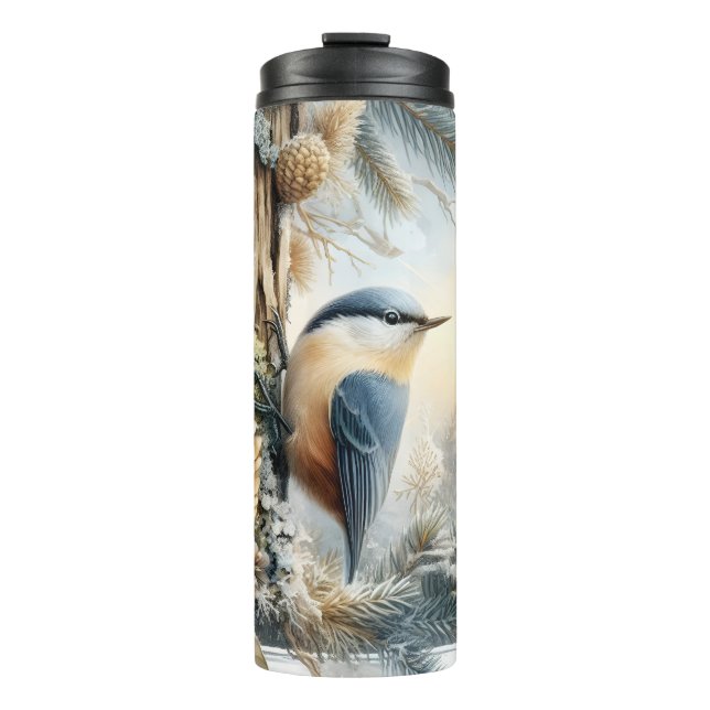 Garrafa Térmica Inverno Forest Nuthatbird Watercolor Tumbler (Frente)