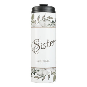 Garrafa Térmica Irmã Personalizada Floral Branco Vintage Cherish