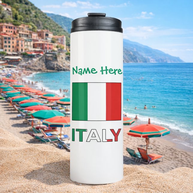 Garrafa Térmica Itália, Sinalizador italiano Personalização verde (Personalized thermal tumbler with the Italian Flag and the word ITALY below. Above add name in green)