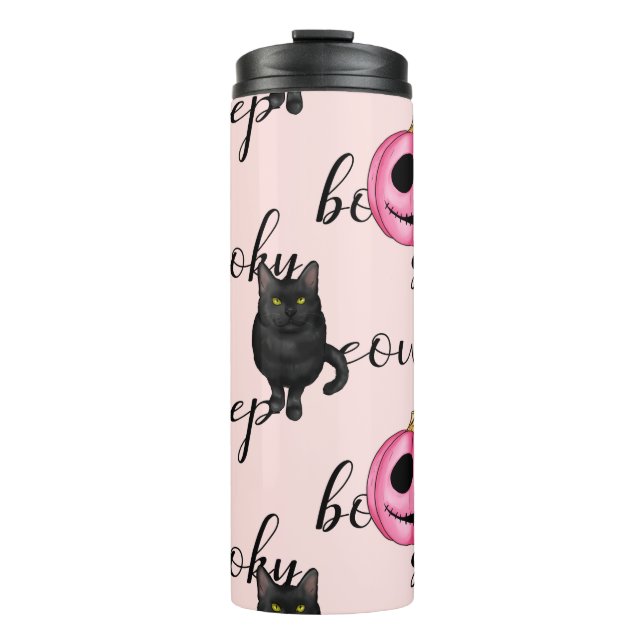 Garrafa Térmica Jack O-Lanterna Rosa e Gato Negro (Frente)