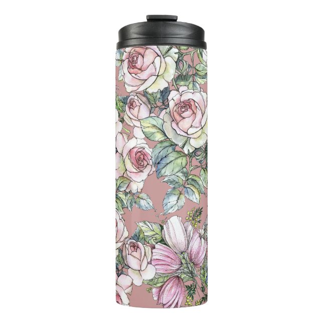 Garrafa Térmica Jardim de Aquarelas: Elegância de Tulipas de Rosa. (Frente)