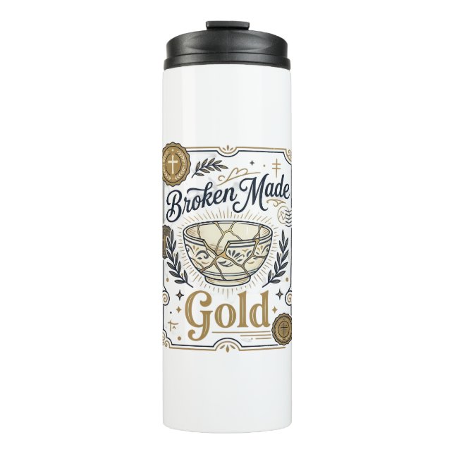 Garrafa Térmica Jesus Kintsugi Ouro Feito Quebrado Louça Quebrada (Frente)