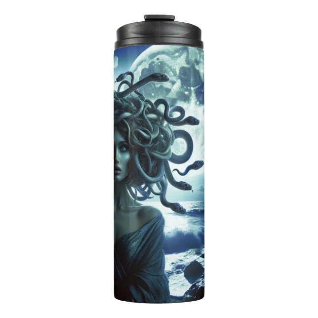 Garrafa Térmica Jovem Medusa Bonita pela Lua e Oceano (Frente)