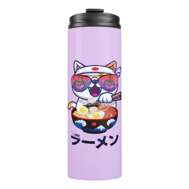 Garrafa Térmica Kawaii Cat Comendo Ramen Noodles (Frente)