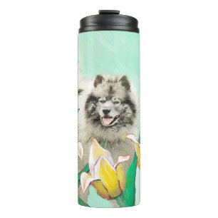 Garrafa Térmica Keeshond em Tulips pintando lindas artes caninas o