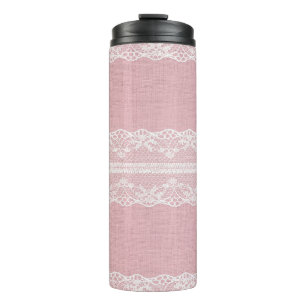 Garrafa Térmica Lace branco sobre a textura de linho cor-de-rosa P