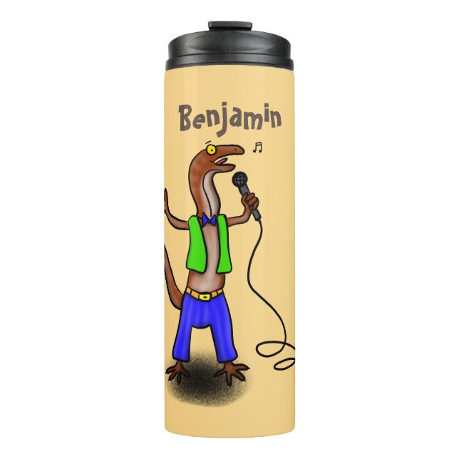 Garrafa Térmica Lagarto engraçado cantando com desenho de microfon (Frente)