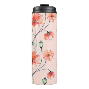Garrafa Térmica Laranja Popy Watercolor: Vintage Floral Design
