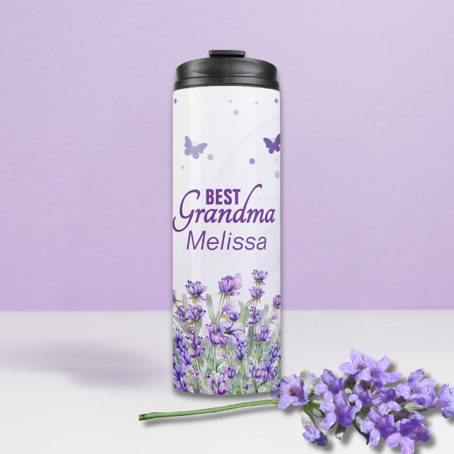 Garrafa Térmica Lavanda Roxa Elegante Melhor Avó com Nome (Criador carregado)