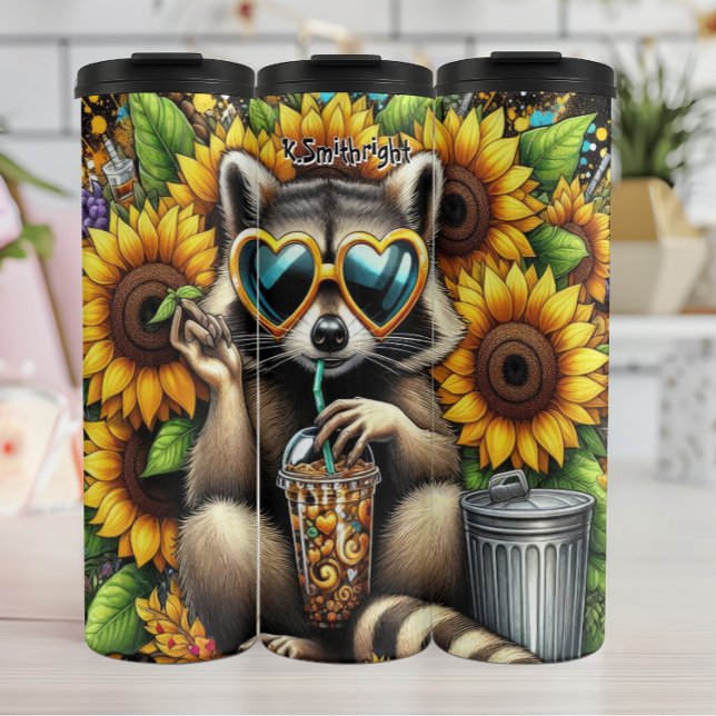 Garrafa Térmica Legal Raccoon com café gelado e girassóis (Criador carregado)