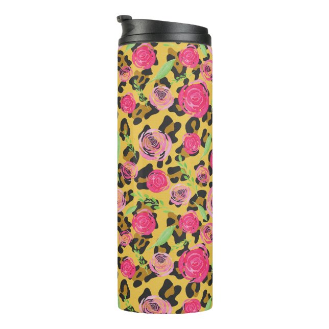 Garrafa Térmica Leopard Animal Print and Watercolor Flowers (Rotação à direita)