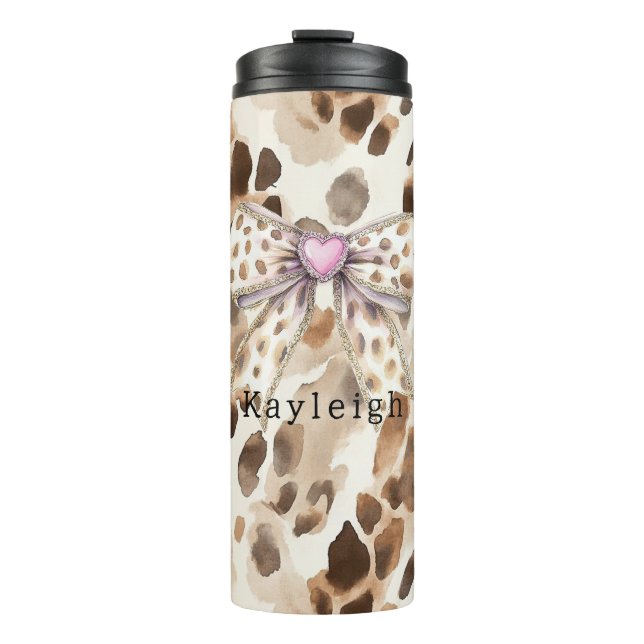 Garrafa Térmica Leopardo de Coração com Laço Rosa (Frente)