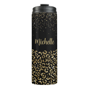Garrafa Térmica Leopardo Preto Brilho Nome Personalizado