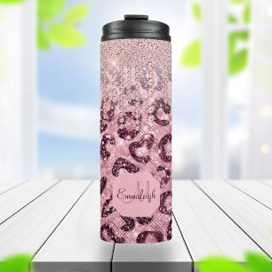 Garrafa Térmica Leopardo Rosa Glitter Diamante Monograma Térmico