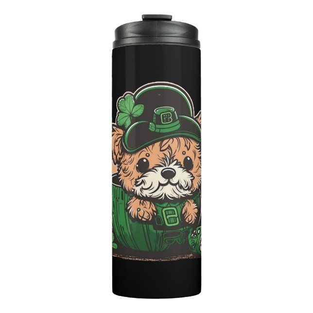 Garrafa Térmica Leprechaun Puppies Sticker, Rua, Dia de Patrick. (Frente)