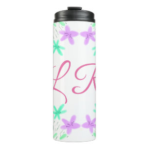 Garrafa Térmica letra monograma floral em aquarela rosa roxo azul