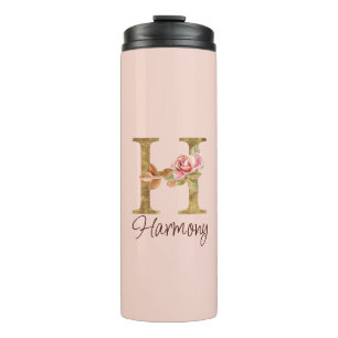 Garrafa Térmica Letra Personalizada H Folha Dourada Rosas Rosa Des