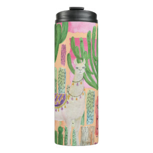 Garrafa Térmica Lhamas aquarelas, cactos: padrão sem costura.