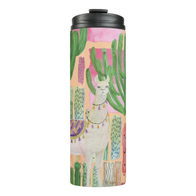 Garrafa Térmica Lhamas aquarelas, cactos: padrão sem costura. (Frente)