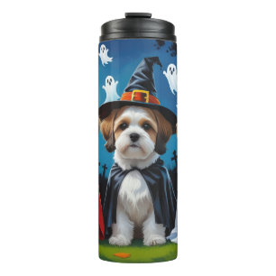 Garrafa Térmica Lhasa Apso Cachorros Pumpkin Halloween Engraçado