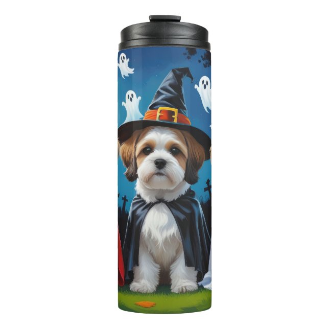 Garrafa Térmica Lhasa Apso Cachorros Pumpkin Halloween Engraçado (Frente)