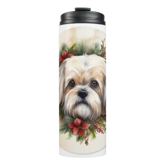 Garrafa Térmica Lhasa Apso Christmas Wreath Festivo Pup (Frente)