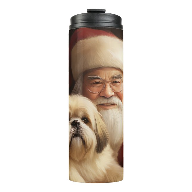 Garrafa Térmica Lhasa Apso Com Papai Noel Natal Festivo (Frente)