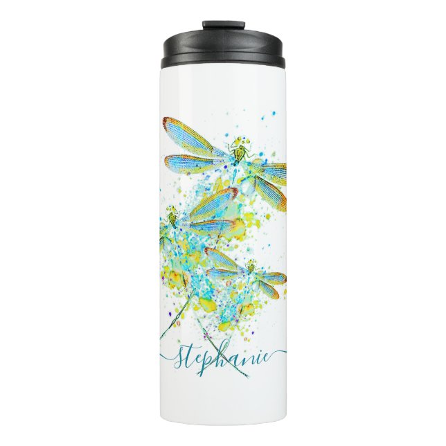 Garrafa Térmica Libélula verde-azulado personalizada com respingos (Frente)