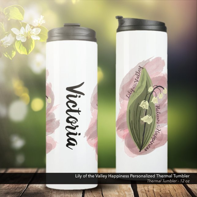 Garrafa Térmica Lily da Felicidade do Vale Personalizada (Lily of the Valley Happiness Personalized Thermal Tumbler in White - 12 oz. Size)