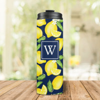 Limão Monograma Marinho Tumbler Térmico Azul