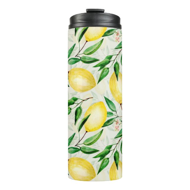 Garrafa Térmica Limões de aquarela, padrão de fruta sem costura. (Frente)