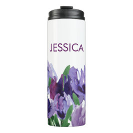 Garrafa Térmica Lindas flores roxas de aquarela com nome
