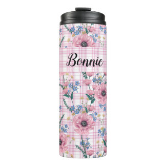 GARRAFA TÉRMICA LINDAS FLORES VERMELHAS PASTEL COM PADRÕES XADREZ