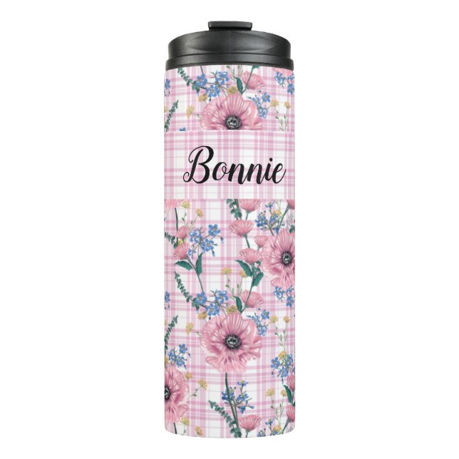 GARRAFA TÉRMICA LINDAS FLORES VERMELHAS PASTEL COM PADRÕES XADREZ (Frente)