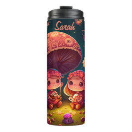 Garrafa Térmica Lindos elfos brincam sob cogumelos