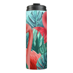 Garrafa Térmica Lindos Herões Rosa Com Folhas Tropicais
