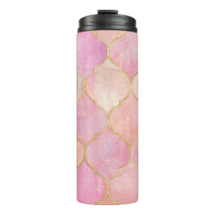 Garrafa Térmica Linha Dourada marroquina: Aquarela rosa