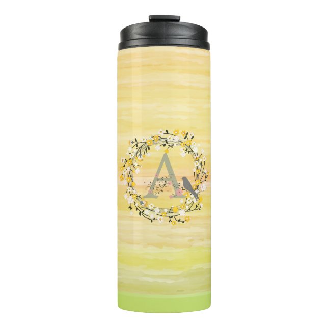 Garrafa Térmica Linhas de Pincel com Aquarela, Monograma de Primav (Frente)