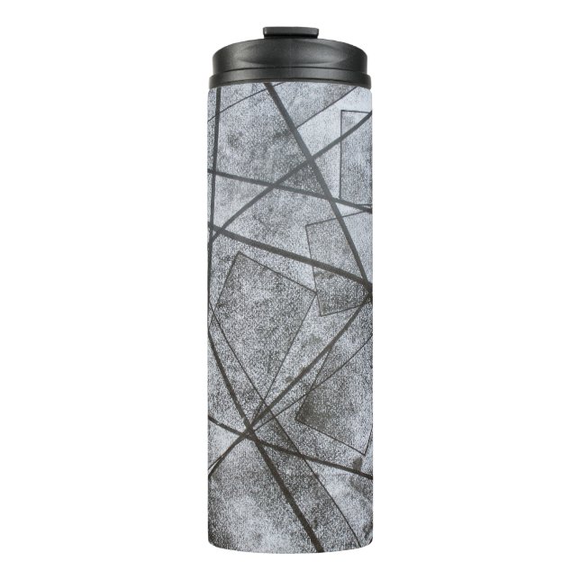 Garrafa Térmica Linhas Pretas retângulos de faixa branca de cinza  (Frente)