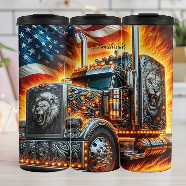 Garrafa Térmica Lion Truck American Flag Fire (Criador carregado)